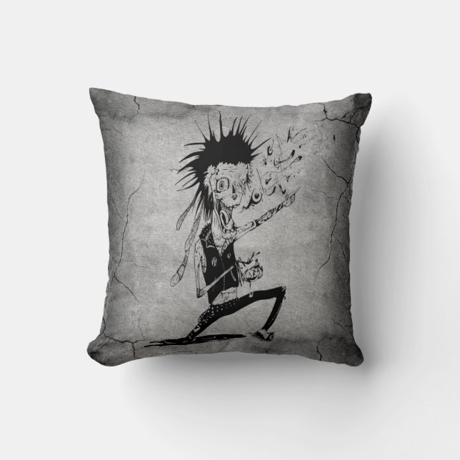 Cooler Punk Zombie graue gebrochene Wand schwarz Kissen (Vorderseite)
