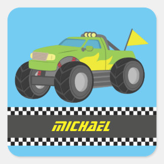Cooler Renn-Grün-Monster-Truck für Rennfahrer-Jung Quadratischer Aufkleber