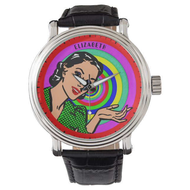 Cooler Retro Pop Kunst, Dichtung und Musik Armbanduhr (Vorderseite)