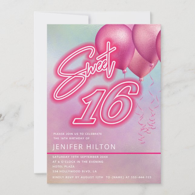 Cooler rosa Ballon holografischer Neon süß 16 Einladung (Vorderseite)