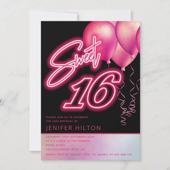Cooler rosa Ballon holografischer Neon süß 16 Einladung (Vorderseite)