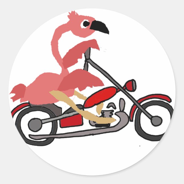 Cooler rosa Flamingo Riding Motorrad Cartoon Runder Aufkleber (Vorderseite)