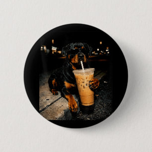 Cooler Rottweiler trinkt eisgekühlten Kaffee lusti Button
