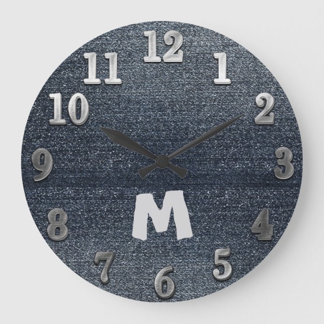 Cooler rustikaler Look Blue Denim Wall Clock Große Wanduhr (Vorderseite)