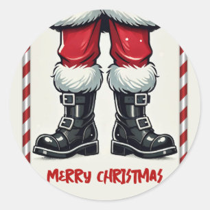 Cooler Santa in schwarzen Stiefeln Weihnachtsfeier Runder Aufkleber