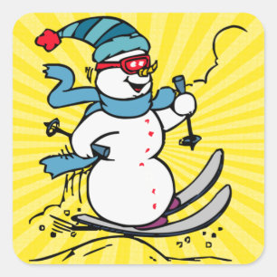 Cooler Schneemann Skifahren   Skifahrer   Wintersp Quadratischer Aufkleber