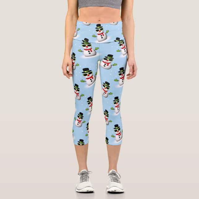 Cooler Schneemann Weihnachtswinterblauer Schnitt Capri Leggings (Vorderseite)