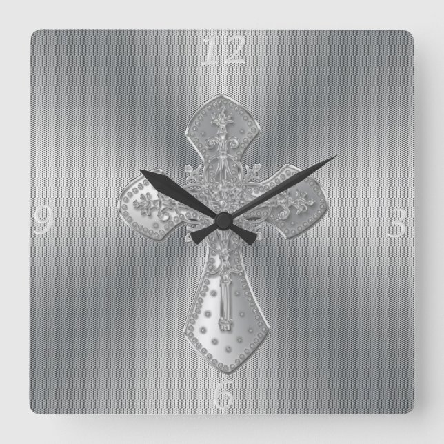 Cooler schöner Ornament-Kreuz-Silbergraueffekt Quadratische Wanduhr (Vorderseite)
