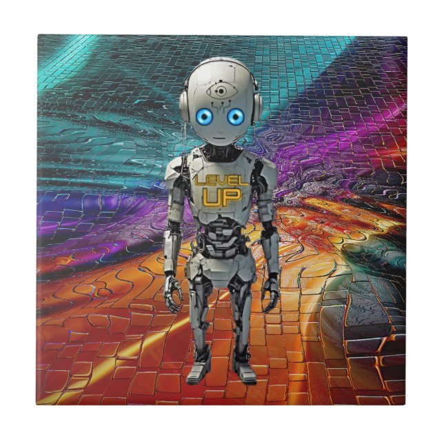 Cooler Sci-Fi-Level-Up-Roboter-Keramikfliese  Fliese (Vorderseite)