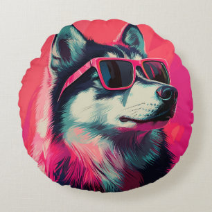 Cooler Siberian Husky-Hund mit Sonnenbrille Rundes Kissen