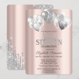 Cooler Silver Glitzer Tropfen Balloons Sweet 16 Einladung