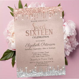 Cooler Silver Glitzer Tropfen Rose Gold Sweet 16 Einladung