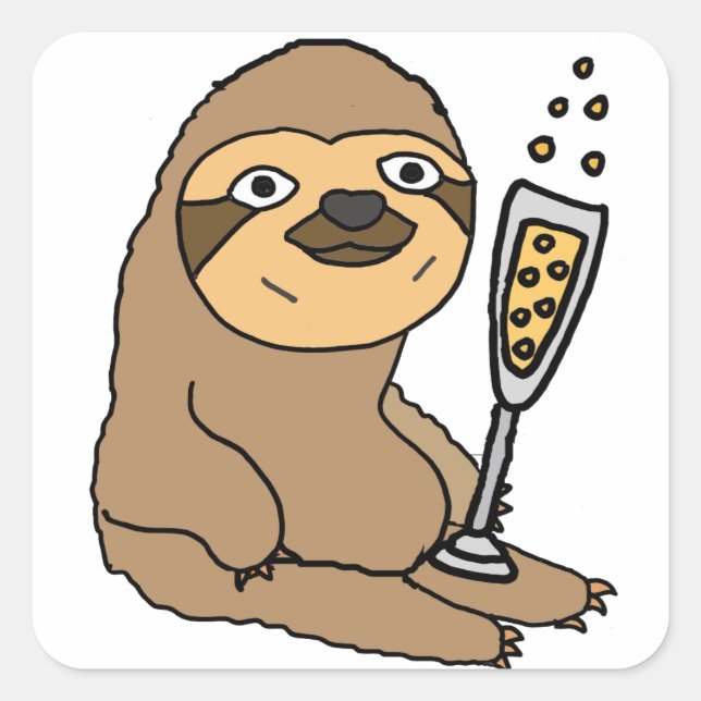 Cooler Sloth Drink Champagner Cartoon Quadratischer Aufkleber (Vorderseite)