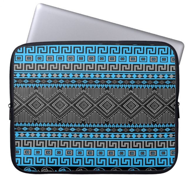 Cooler Sommer trendiger Neon Blau Schwarz Aztec Laptopschutzhülle (Vorderseite)