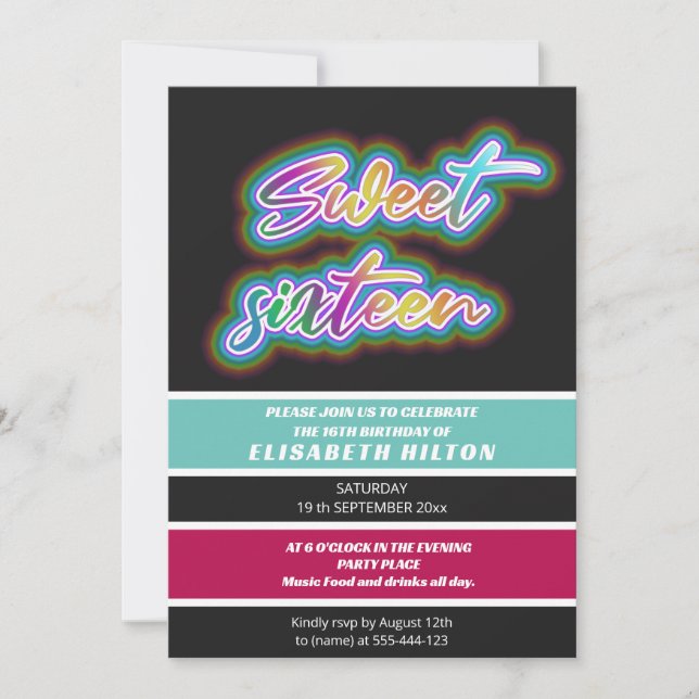 Cooler Spaß Neon Typografie Streifen süß 16 Einladung (Vorderseite)
