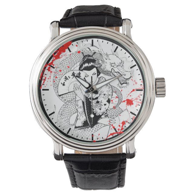 Cooler Spritzer geisha mit Fan Dragon tattoo Armbanduhr (Vorderseite)