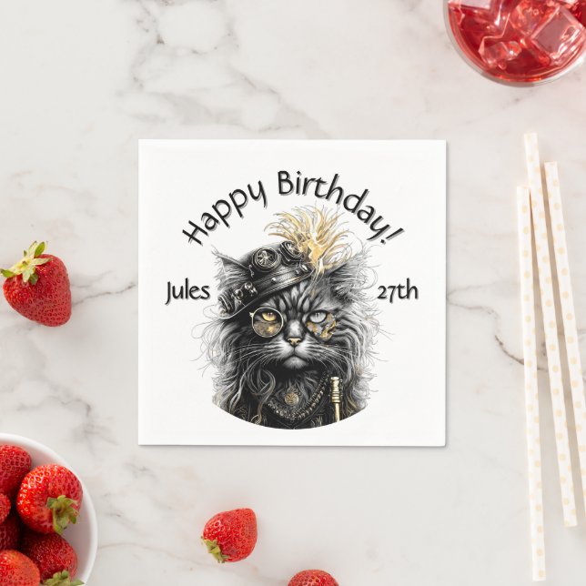 Cooler Steampunk-Katzenname und Alters-Text Serviette (Beispiel)