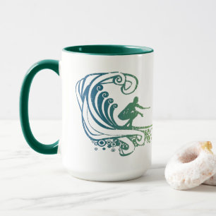 Cooler Surfer, der auf tealblauen Ozeanwellen reit Tasse