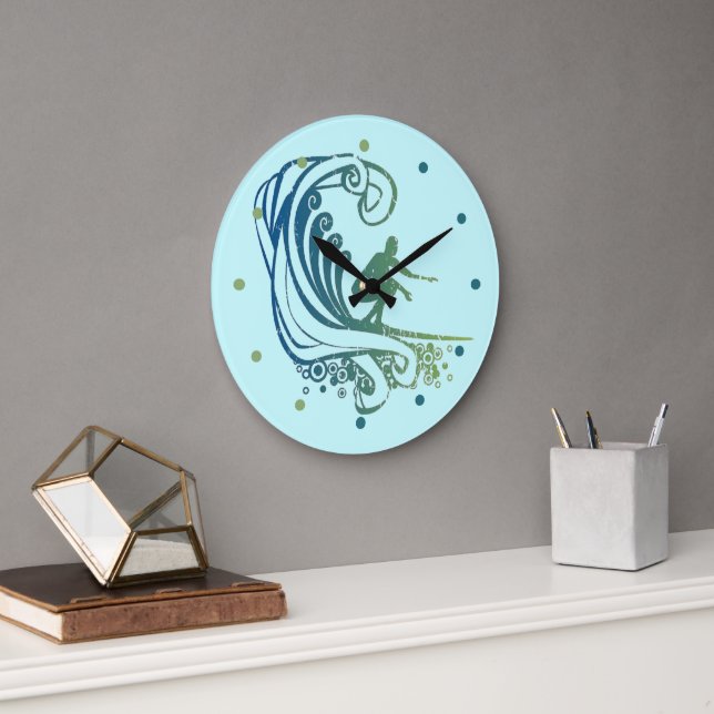 Cooler Surfer mit Aquamarinen Wellen des blauen Oz Große Wanduhr (Büro)