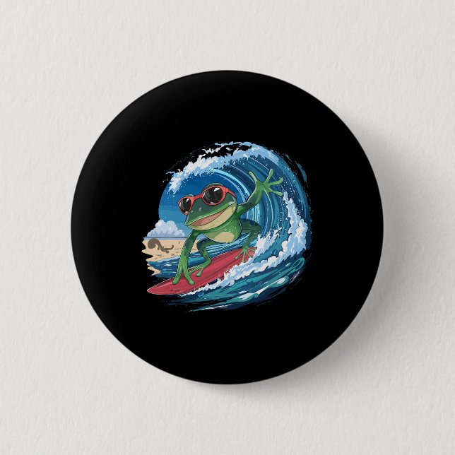 Cooler Surfing Frosch mit Sonnenbrille und Wellen  Button (Vorderseite)