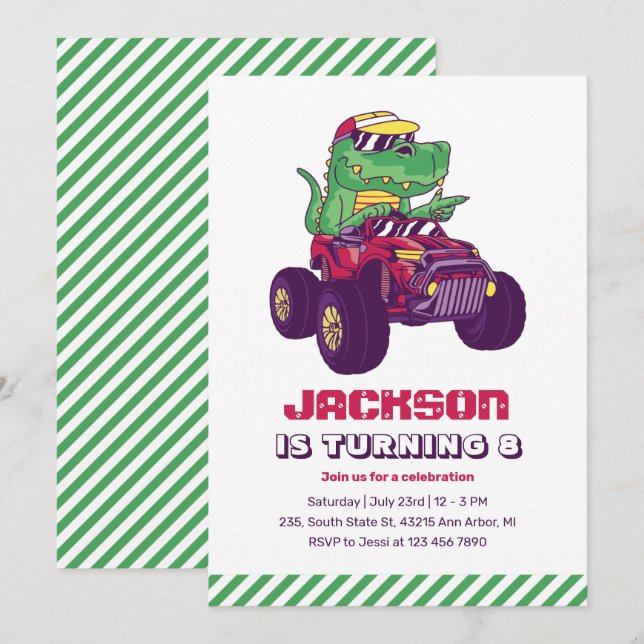Cooler T-Rex Monster Truck Dinosaurier Kindergebur Einladung (Vorne/Hinten)