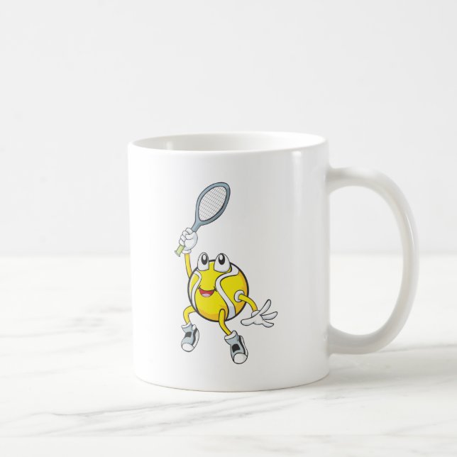 Cooler Tennis-Ball, der Schläger hält Kaffeetasse (Rechts)