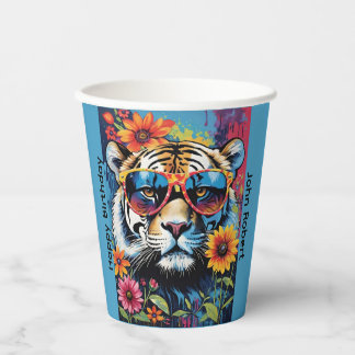 Cooler Tiger mit Sonnenbrille und Blumen Pappbecher
