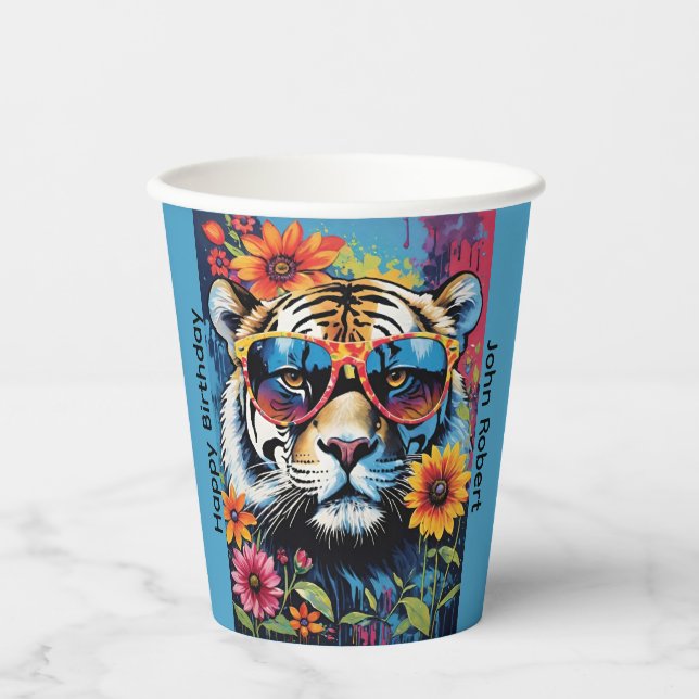 Cooler Tiger mit Sonnenbrille und Blumen Pappbecher (Vorderseite)