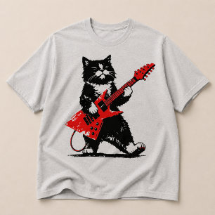 Cooler Tuxedo-Kater spielt rote E-Gitarre T-Shirt