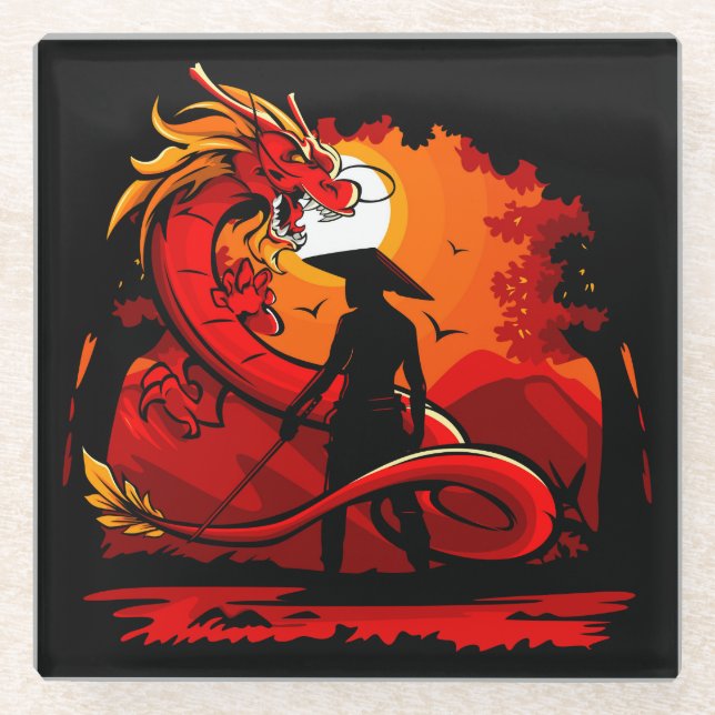 Cooler und farbenfroher Samurai-Krieger mit Dragon Glasuntersetzer (Vorderseite)