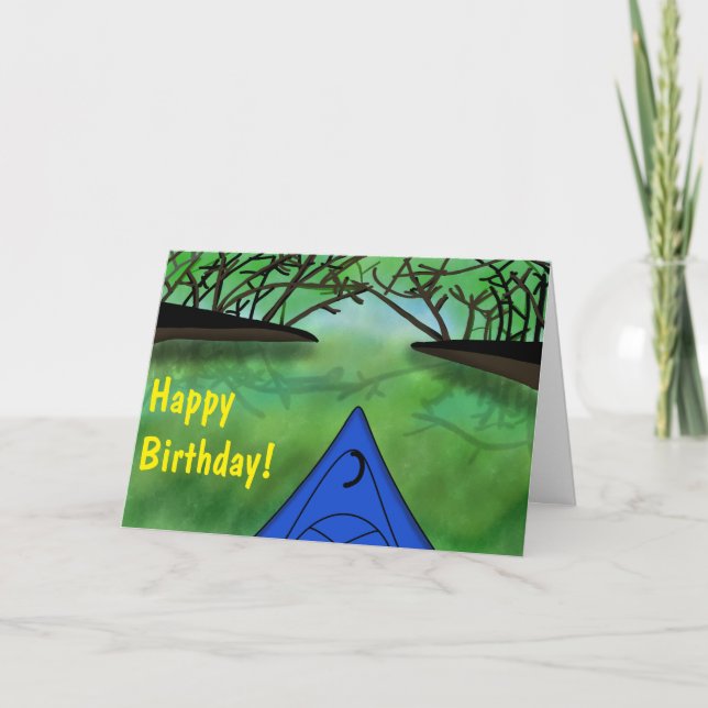 Cooler und Friedlicher Wald und Blue Kayak Geburts Karte (Vorderseite)