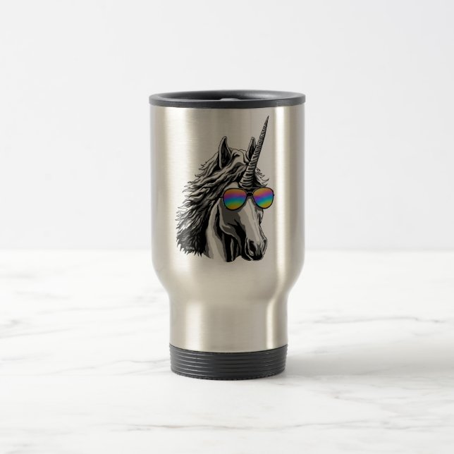Cooler Unicorn mit Regenbogensonnenbrillen Reisebecher (Mittel)