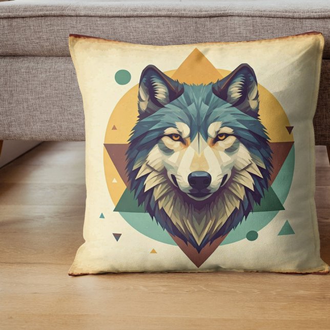 Cooler Vintager Wolf Geometrische rustikale Kunst Kissen (Von Creator hochgeladen)