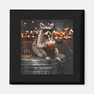 Cooler Waschbär trinkt eisgekühlten Kaffee Tier Ka Magnet