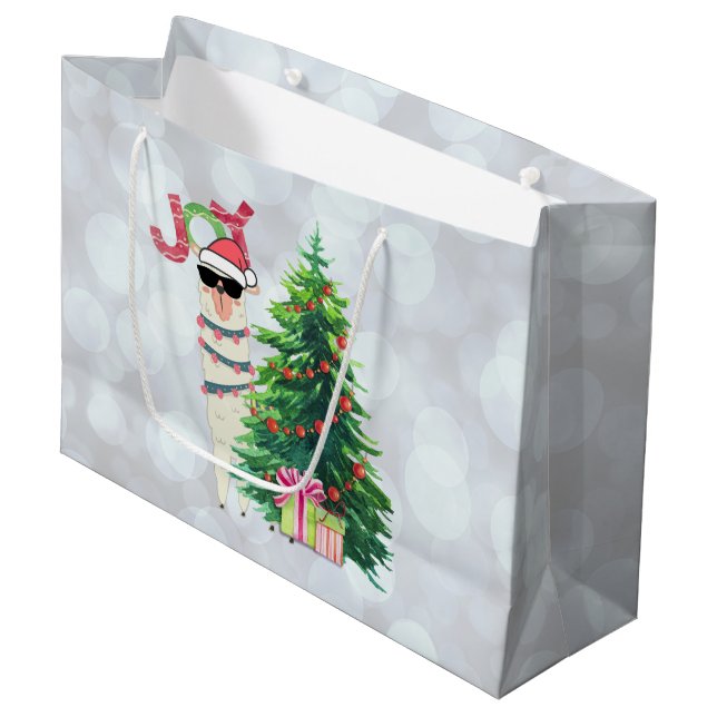 Cooler Weihnachtslama | Joy Typografy | Bokeh Back Große Geschenktüte (Vorderseite Schrägansicht)