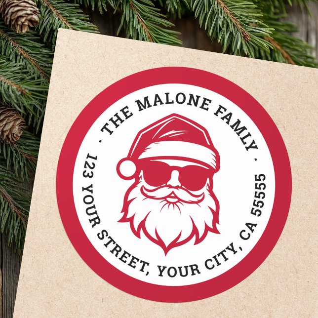 Cooler Weihnachtsmann in Sonnenbrille rote Rücksen Runder Aufkleber (Cool Santa in sunglasses red return address Classic Round Sticker)