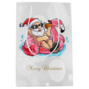 Cooler Weihnachtsmann, Rosa Flamingos, Strand Boke Mittlere Geschenktüte