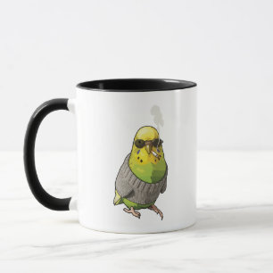 Cooler Wellensittich in grauem Pullover und Sonnen Tasse