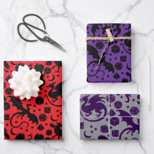 Cooler Whimsischer Drache & Würfel als Lila und ro Geschenkpapier Set
