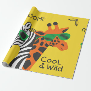 Cooler Zebra und Giraffe mit Brille auf gelb b Geschenkpapier