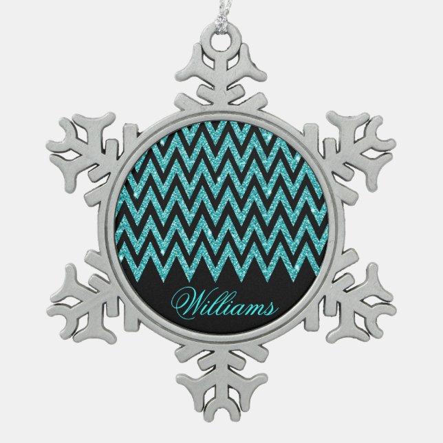 Cooler Zickzack Zickzackpfauenblauer Imitat Glitze Schneeflocken Zinn-Ornament (Vorderseite)
