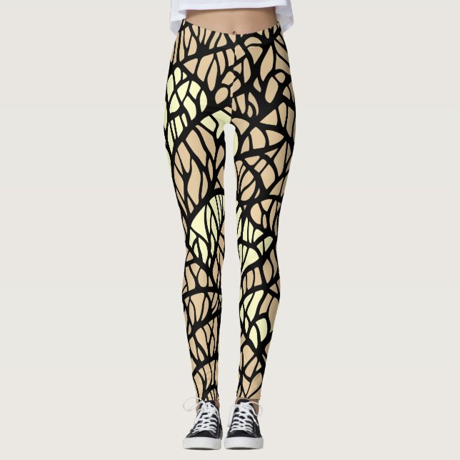 Cooles Abstraktes geometrisches, beige-schwarzes L Leggings (Vorderseite)