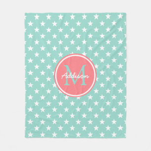 Cooles Aqua und korallenrotes Rosa-Stern-Monogramm Fleecedecke