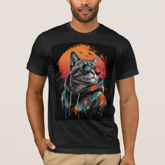 Cooles Astronaut Katzen Retro Sonnenuntergang T-Sh T-Shirt