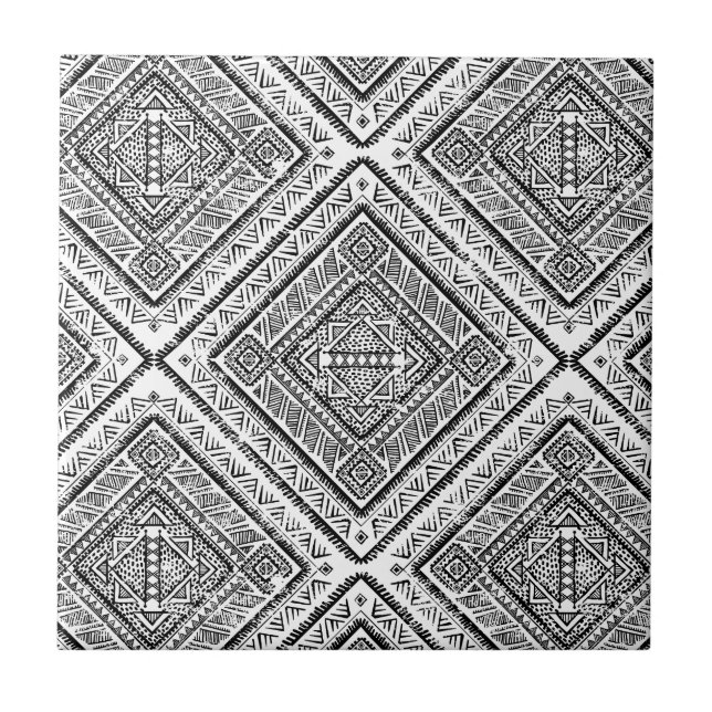 Cooles Azteken-Stammmuster aus Schwarz und Weiß Fliese (Vorderseite)