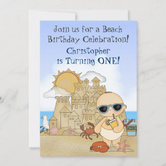 Cooles Baby und Sandcastle 1. Geburtstag Einladung