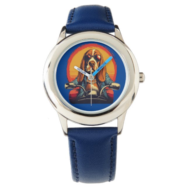 Cooles Basset-Hundbiker bei Sonnenuntergang Armbanduhr (Vorderseite)