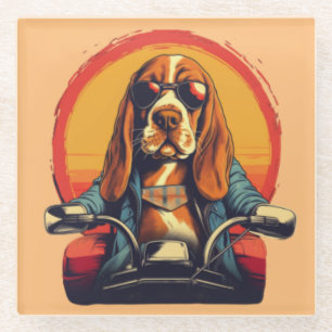 Cooles Basset-Hundbiker bei Sonnenuntergang Glasuntersetzer