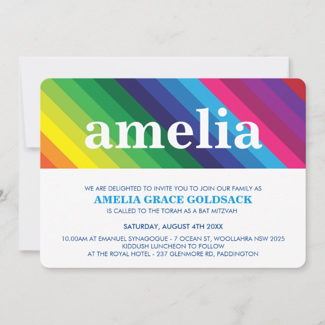 COOLES BAT MITZVAH fett farbiger Regenbogenstreife Einladung (Vorderseite)