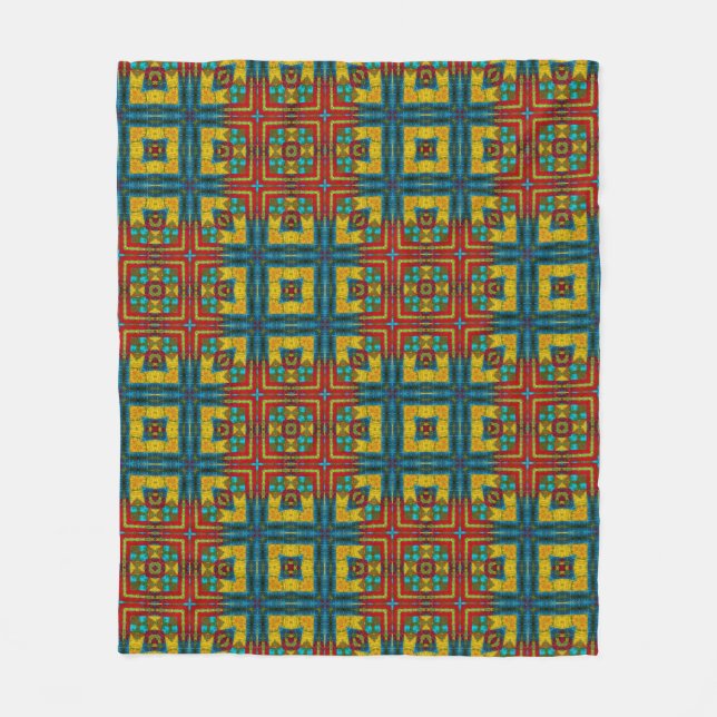 Cooles blaues gelbes Retro geometrisches Ethnic Tr Fleecedecke (Vorderseite)